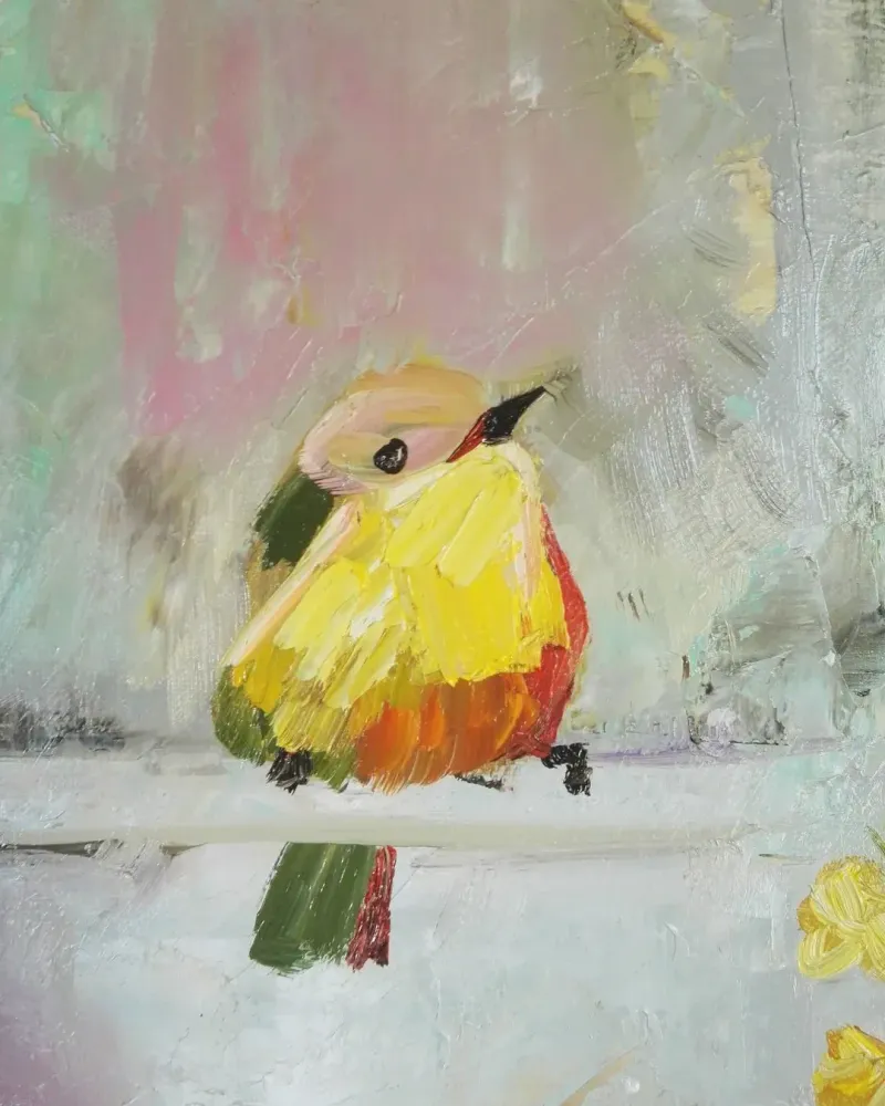 Желтые цветы и птичка. Картина маслом 40×40 см — 40×40 см