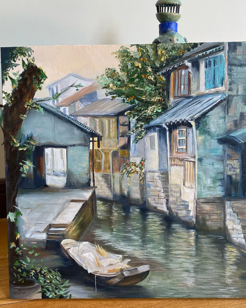 Картина маслом 50×50 см. Китайская Венеция. Пейзаж — Оригинал