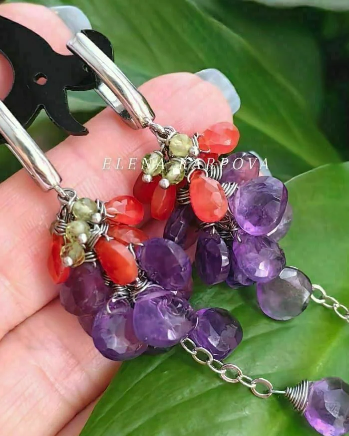 Серьги с натуральными камнями - хризолит, аметист, сердолик
