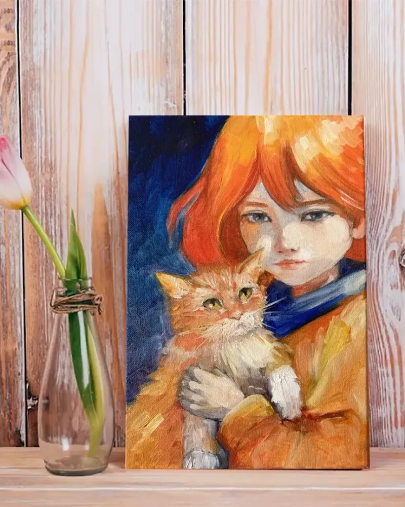 Девочка и котенок. Картина маслом 20×30 см — 20×30 см