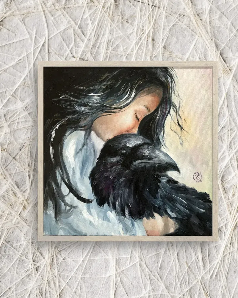 Девочка и ворон. Картина маслом 30×30 см — 30×30 см