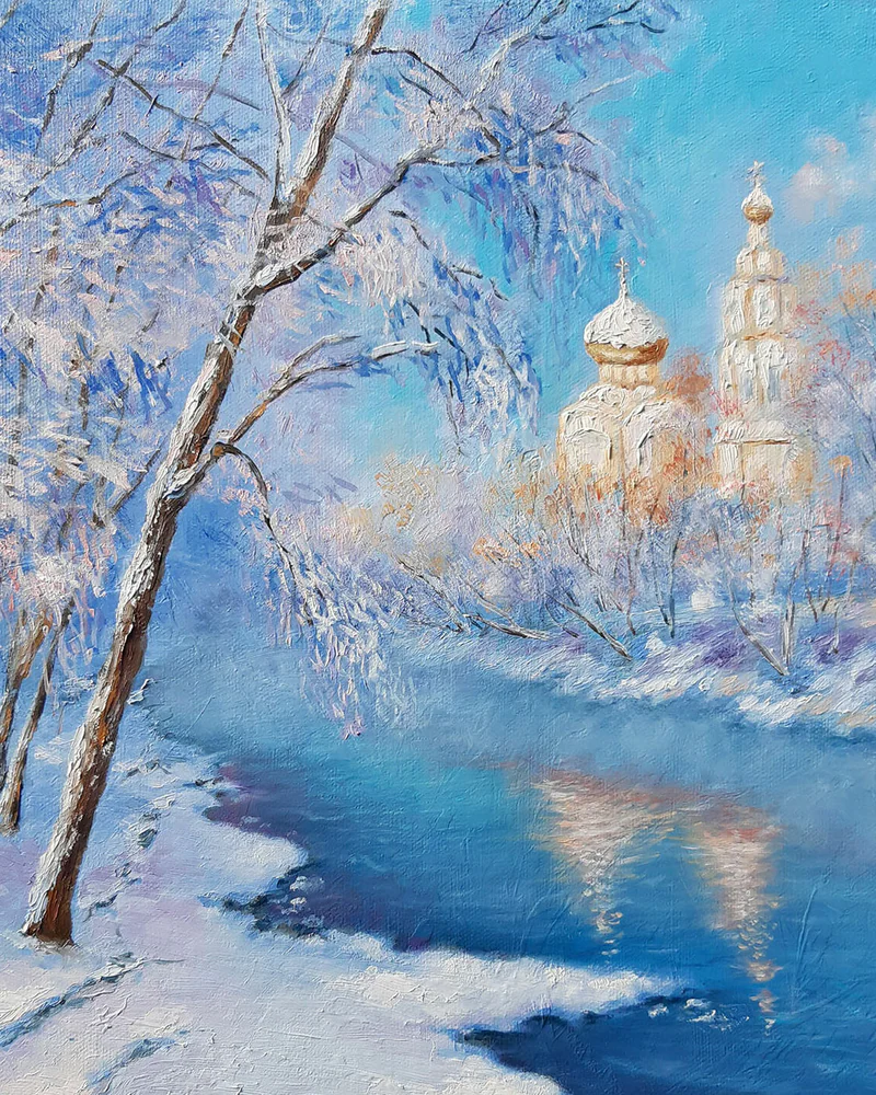 Картина зимний пейзаж Храм Утро перед Рождеством