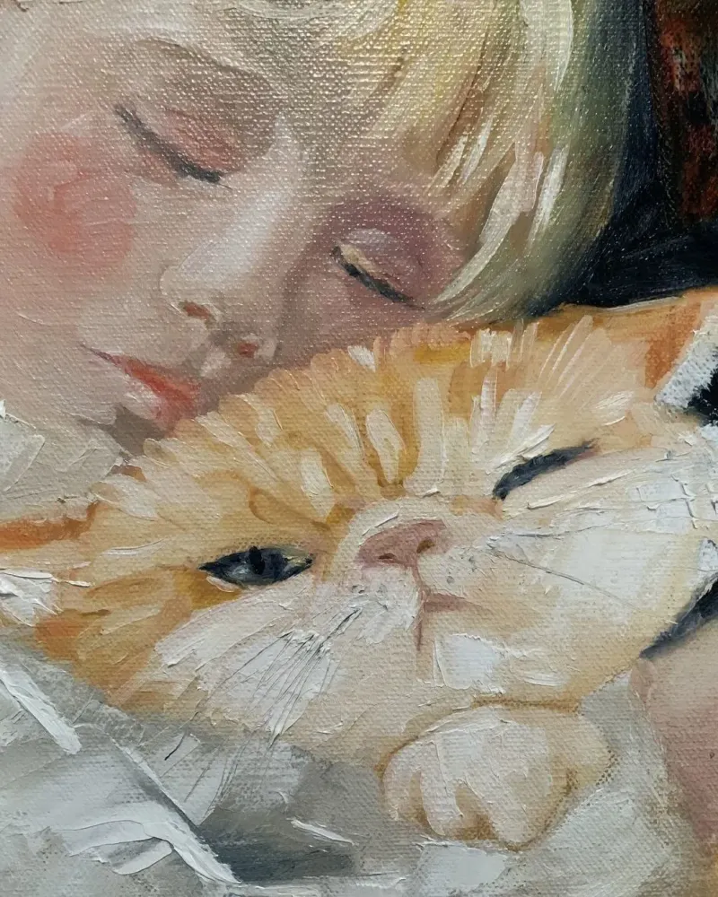 Девочка и рыжий кот. Картина маслом 30×40 см — 30×40 см