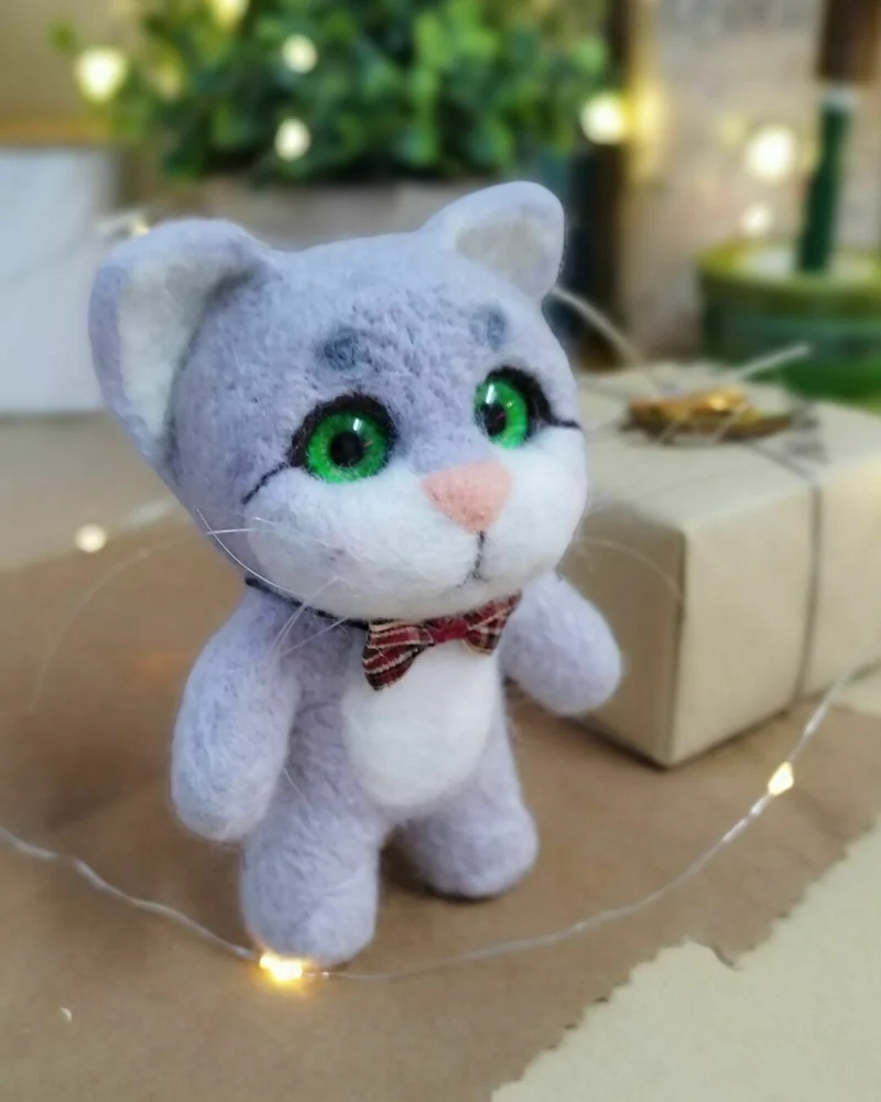 Серый Котик игрушка из шерсти, фигурка кота
