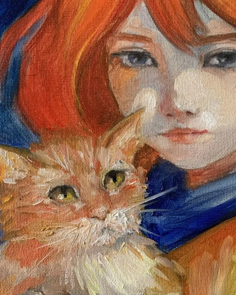 Девочка и котенок. Картина маслом 20×30 см — 20×30 см