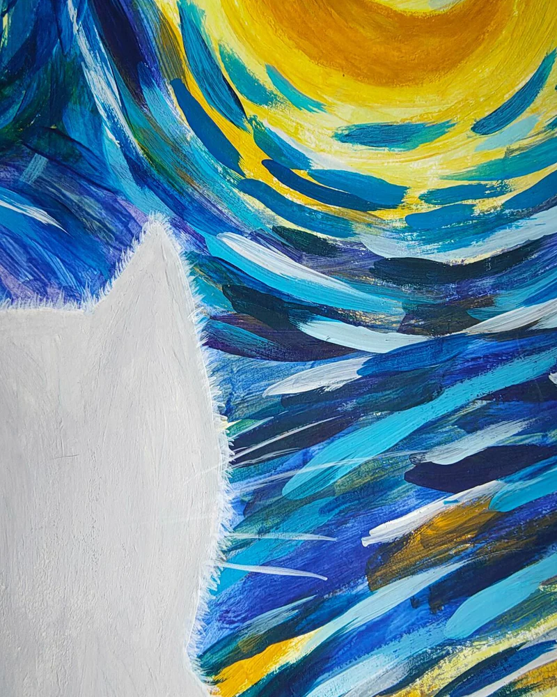 Звёздная кошачья ночь. 29,5×42 см. Акрил, бумага