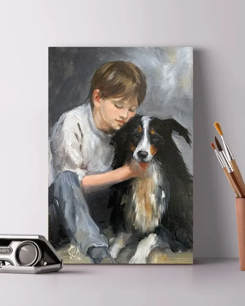 Мальчик с собакой. Картина маслом 20×30 см — 20×30 см