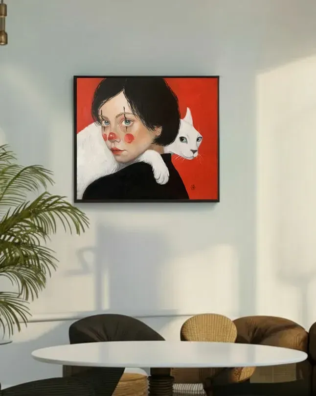 Клоунесса и белый кот. Картина маслом 60×70 см — 60×70 см