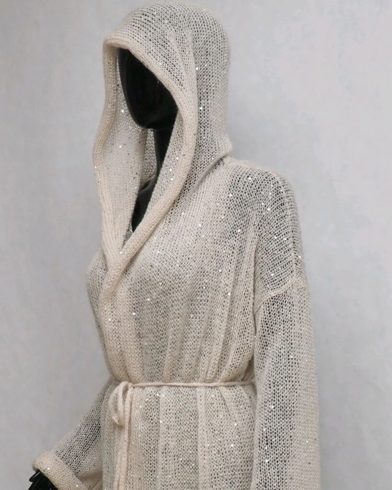 Кардиган с капюшоном длинный вязаный кардиган кимоно с пайетками