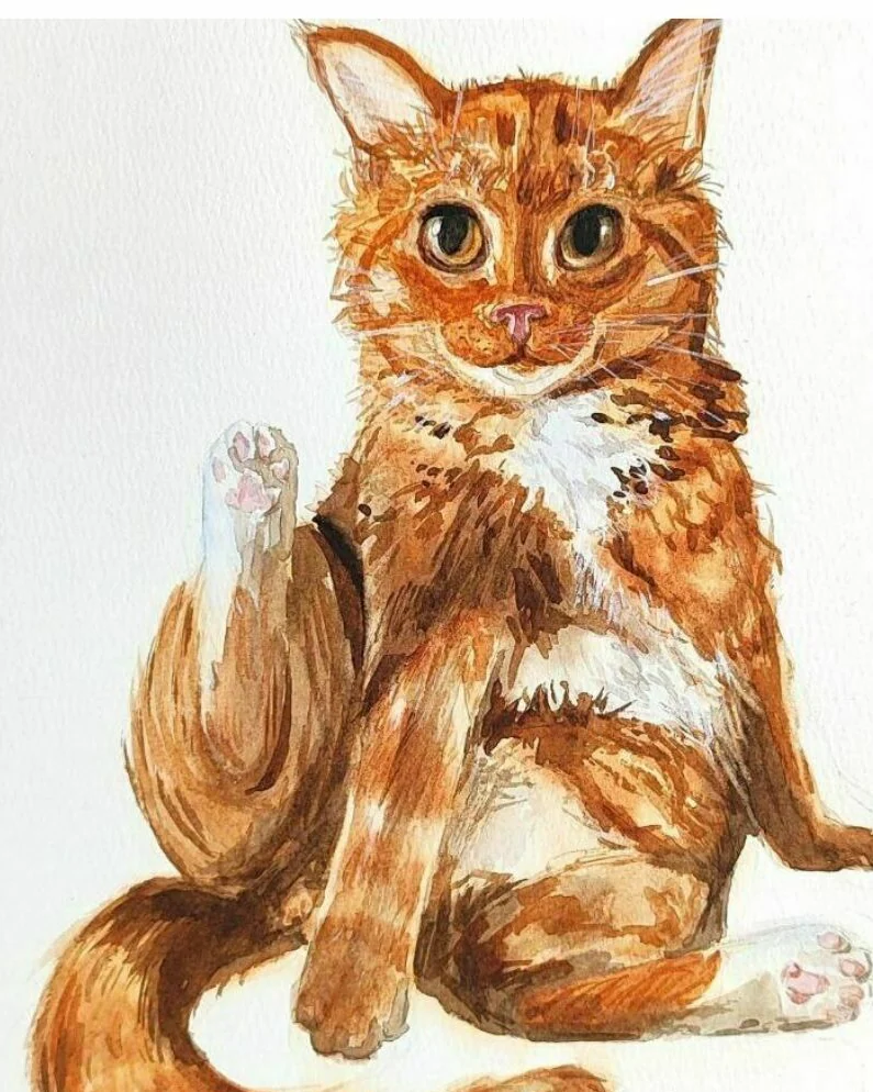 Картина с котом акварель 21 на 29.7 см