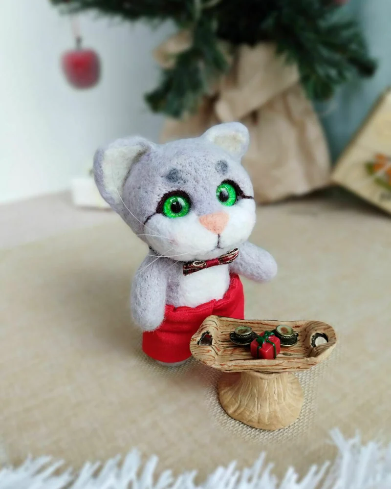 Серый Котик игрушка из шерсти, фигурка кота