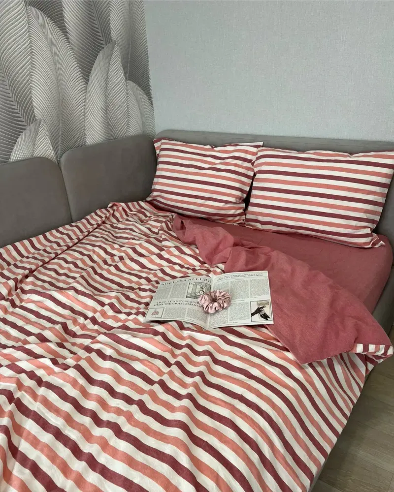 Постельное бельё из варёного хлопка, полоска: коралл, белый и розовый