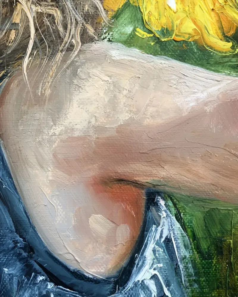 Девочка с подсолнухом. Картина маслом 40×40 см — 40×40 см