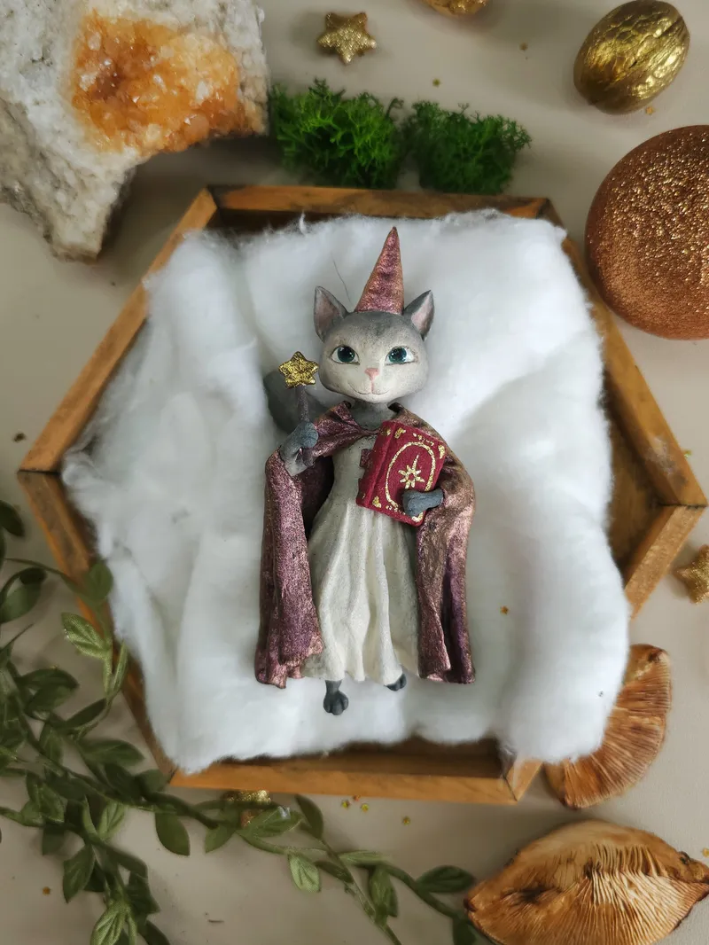 Ватная елочная игрушка Кошка ручной работы
