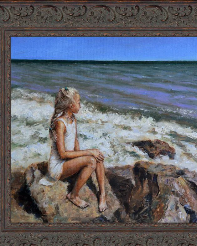 Девочка и море. Масло, холст на оргалите. 30х30 см