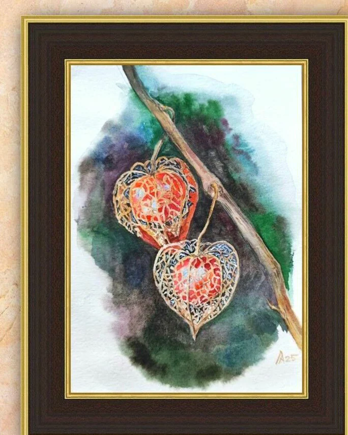 Картина с физалисом акварель 14,9 × 21 см