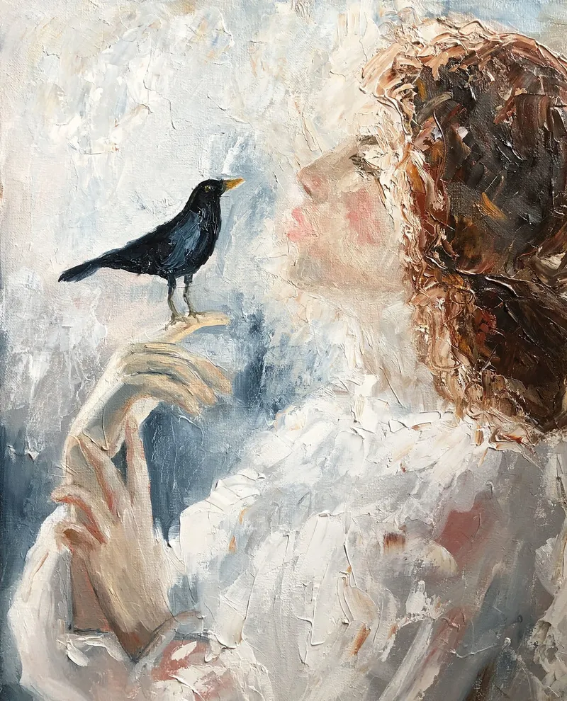 Девушка и птичка. Картина маслом 40×50 см — 40×50 см