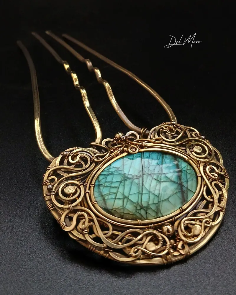Гребень «Antique Mirror» с камнем — Зелёный, Лабрадорит 1