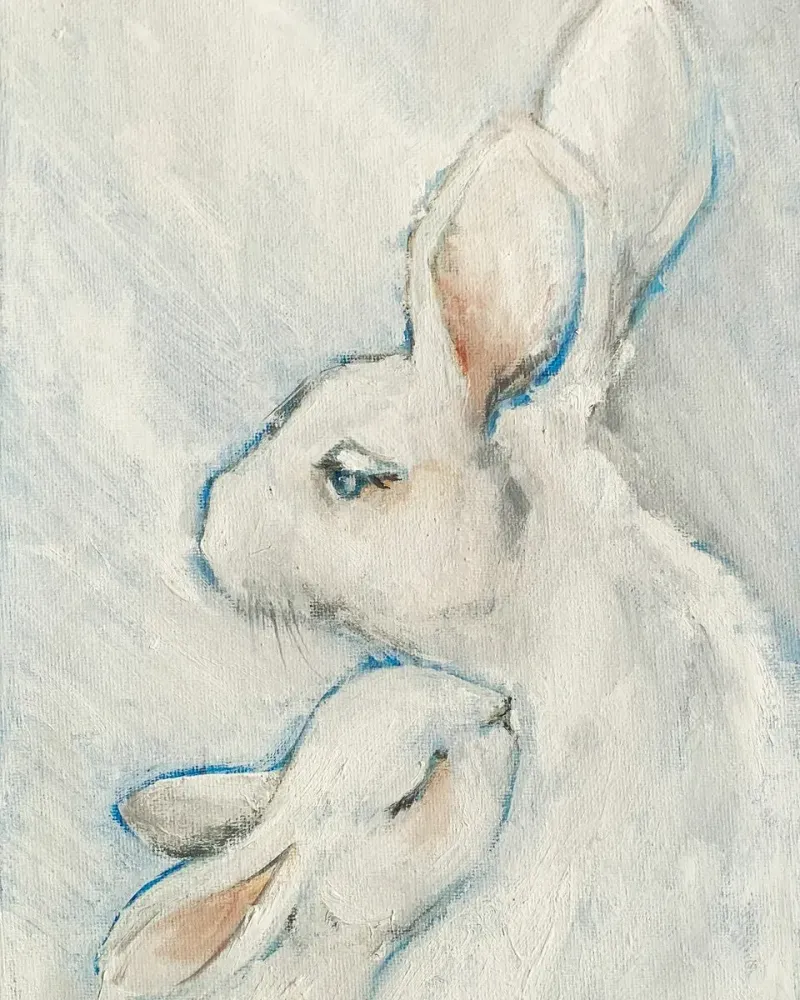 Кролик мама и малыш. Картина маслом 20×30 см — 20×30 см