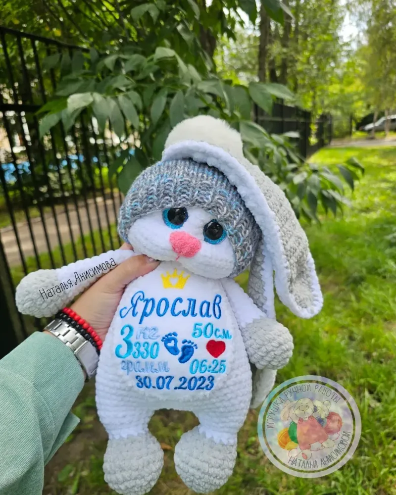Плюшевый зайка с метрикой, 35 см — Серо-голубой, шапочка с помпоном