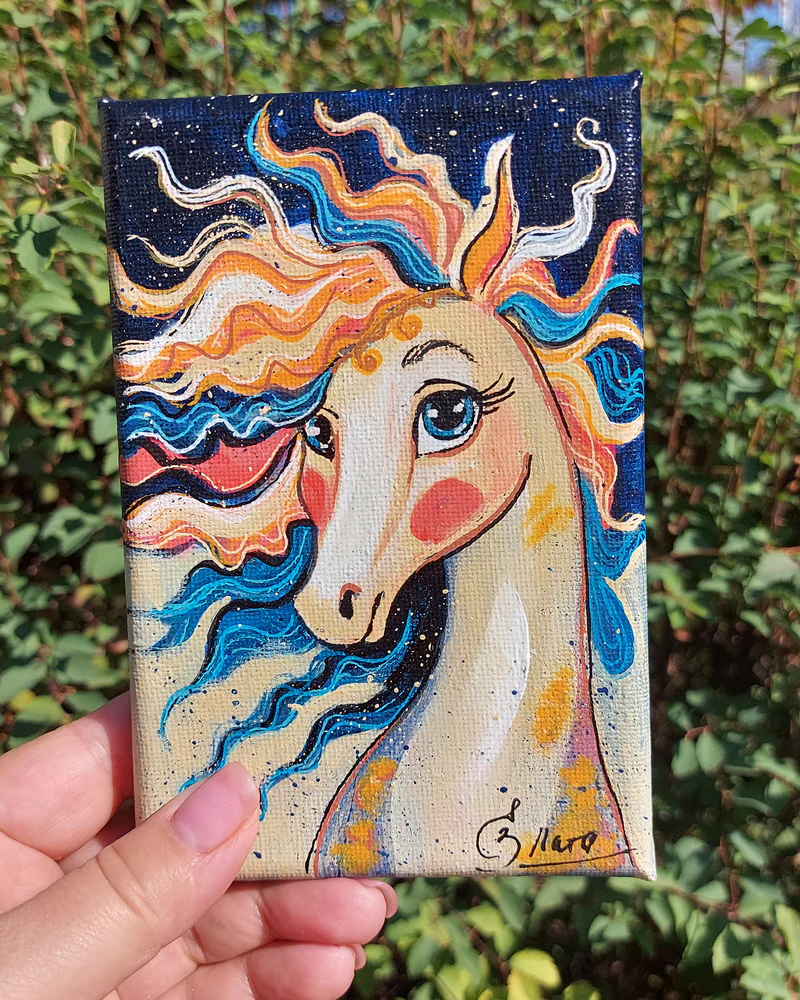 «Конь-огонь» — яркая лошадка, акрил, 10×15 см