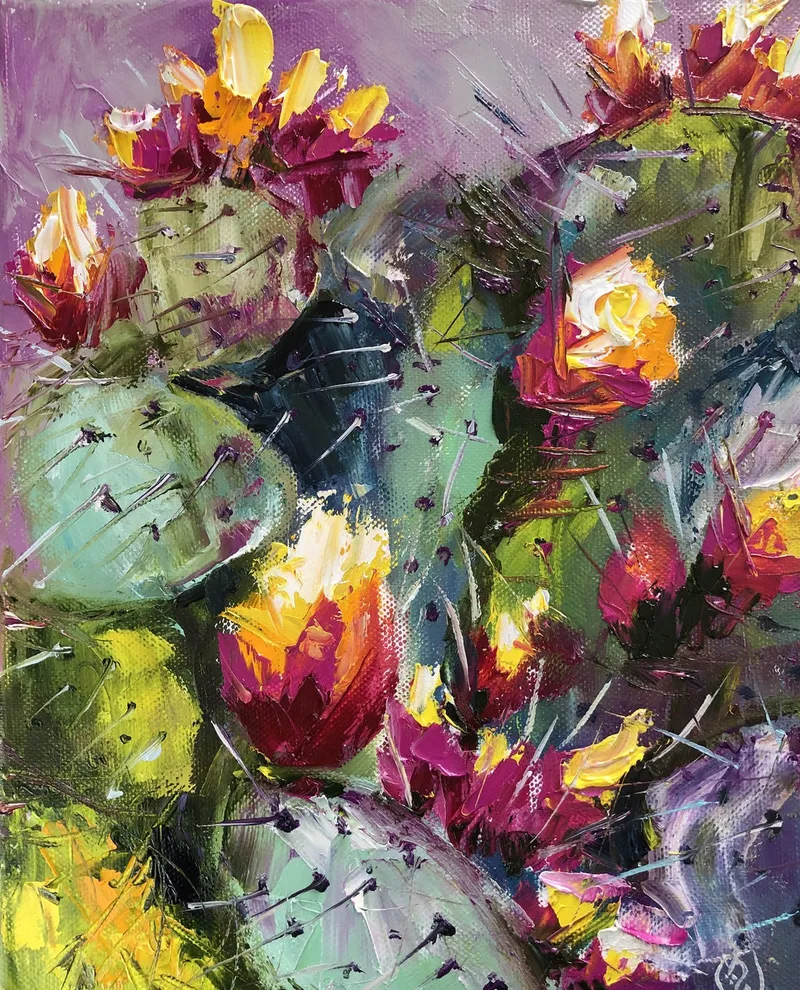 Кактусы цветут. Картина маслом 24×30 см — 24×30 см