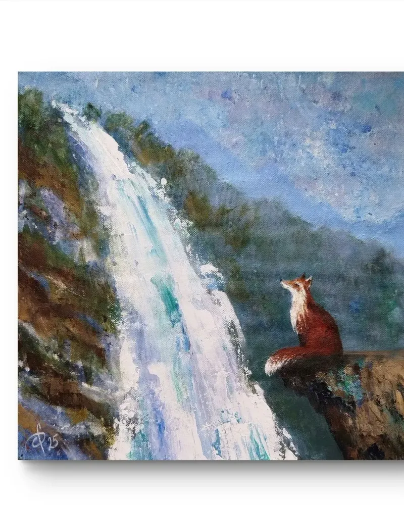 Лиса у водопада. Картина акрилом — 30×30 см
