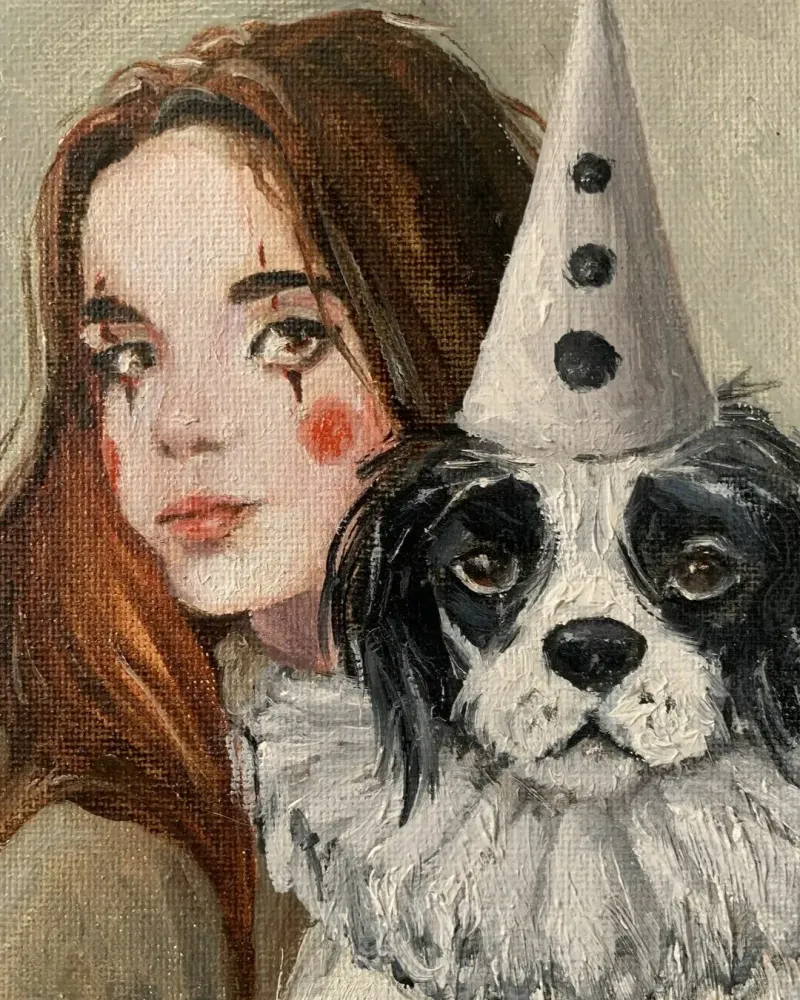 Клоунесса и верный друг. Картина маслом 20×20 см — 20×20 см