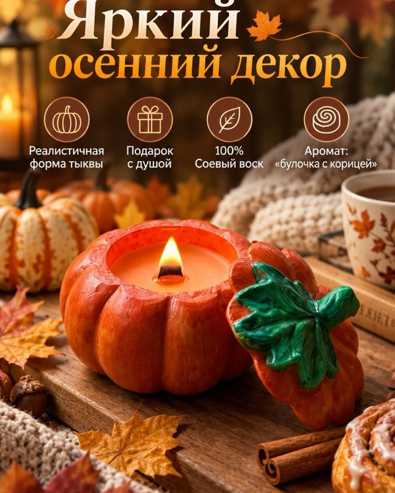 Свеча-тыковка в гипсовом подсвечнике — Оранжевая
