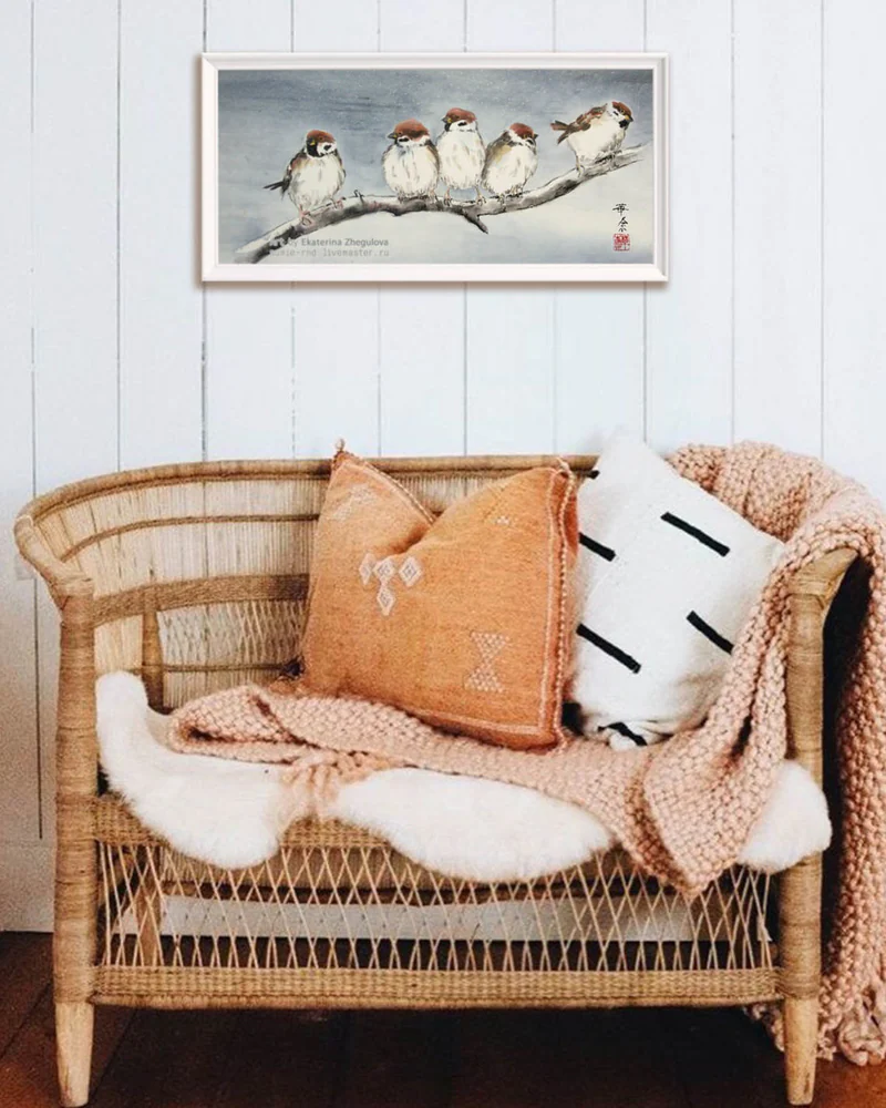 Картина Банда 50x23 воробьи снег зима ветка