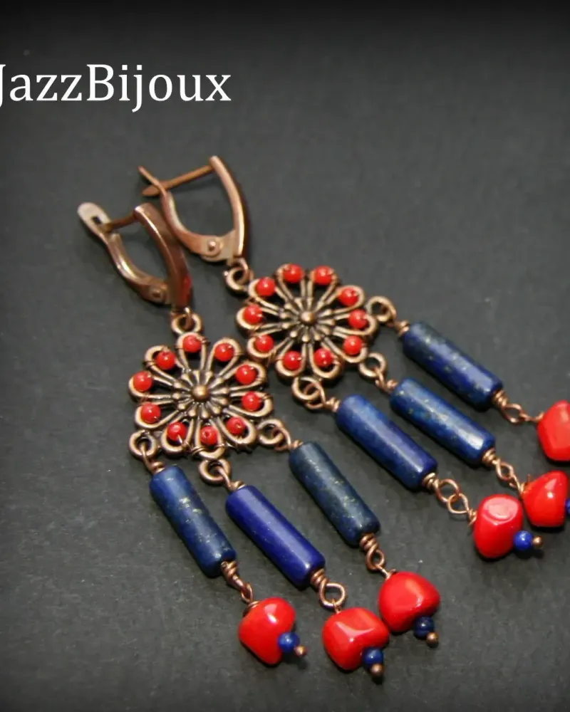 Серьги с лазуритом и кораллом — Лазурит и коралл