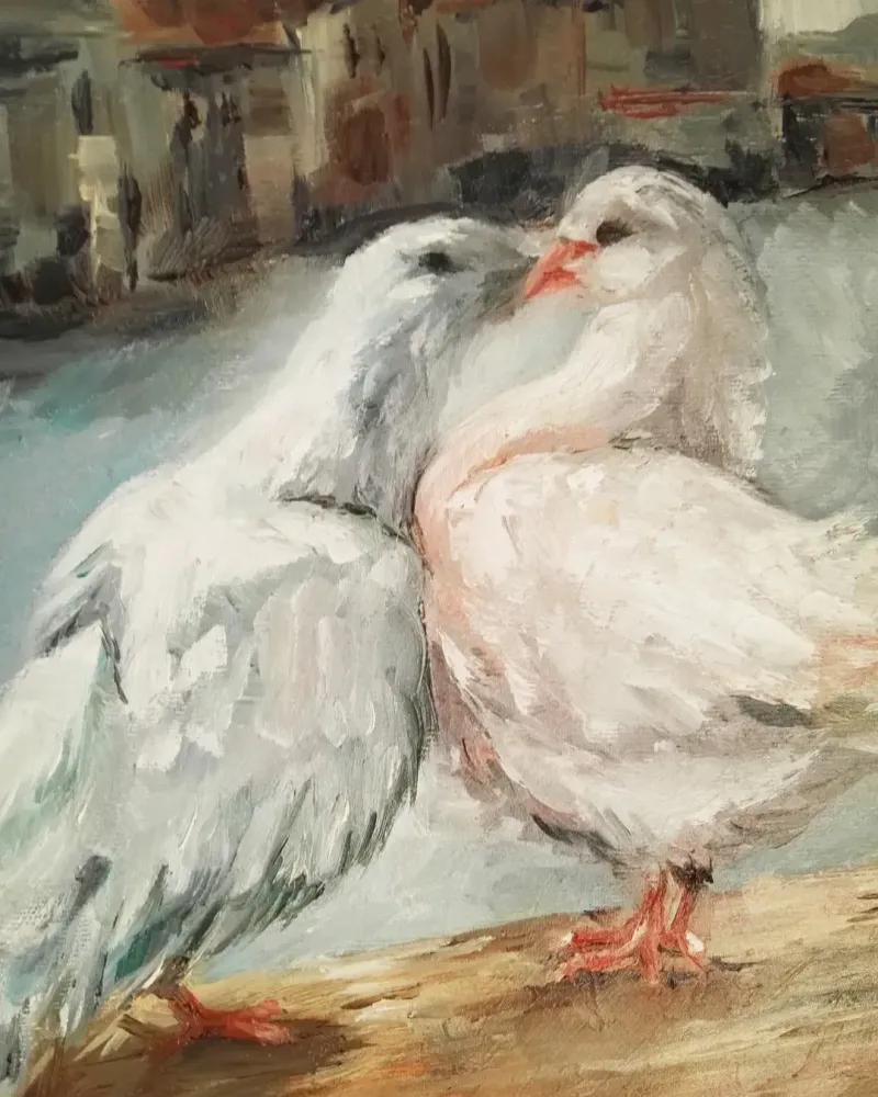 Воркующие голубки. Картина маслом 35×35 см — 35×35 см