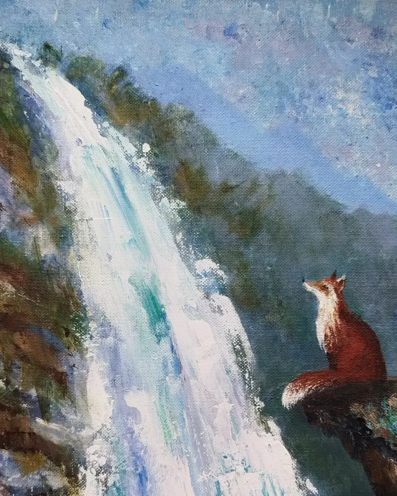 Лиса у водопада. Картина акрилом — 30×30 см