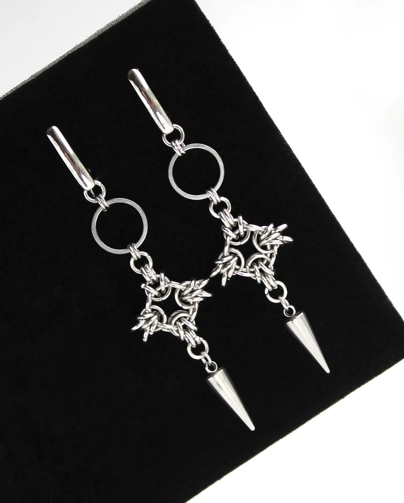Стильные кольчужные серьги "Shuriken" — серебряные — Основной
