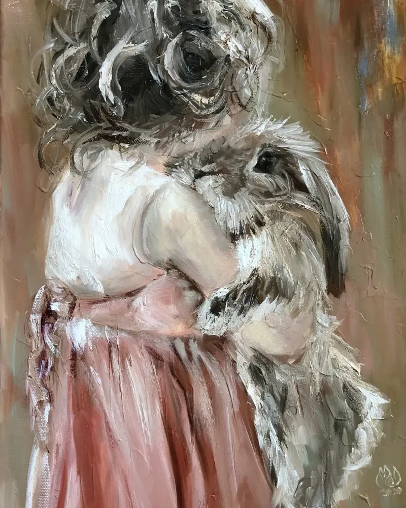 Девочка и кролик. Картина маслом 30×40 см — 30×40 см
