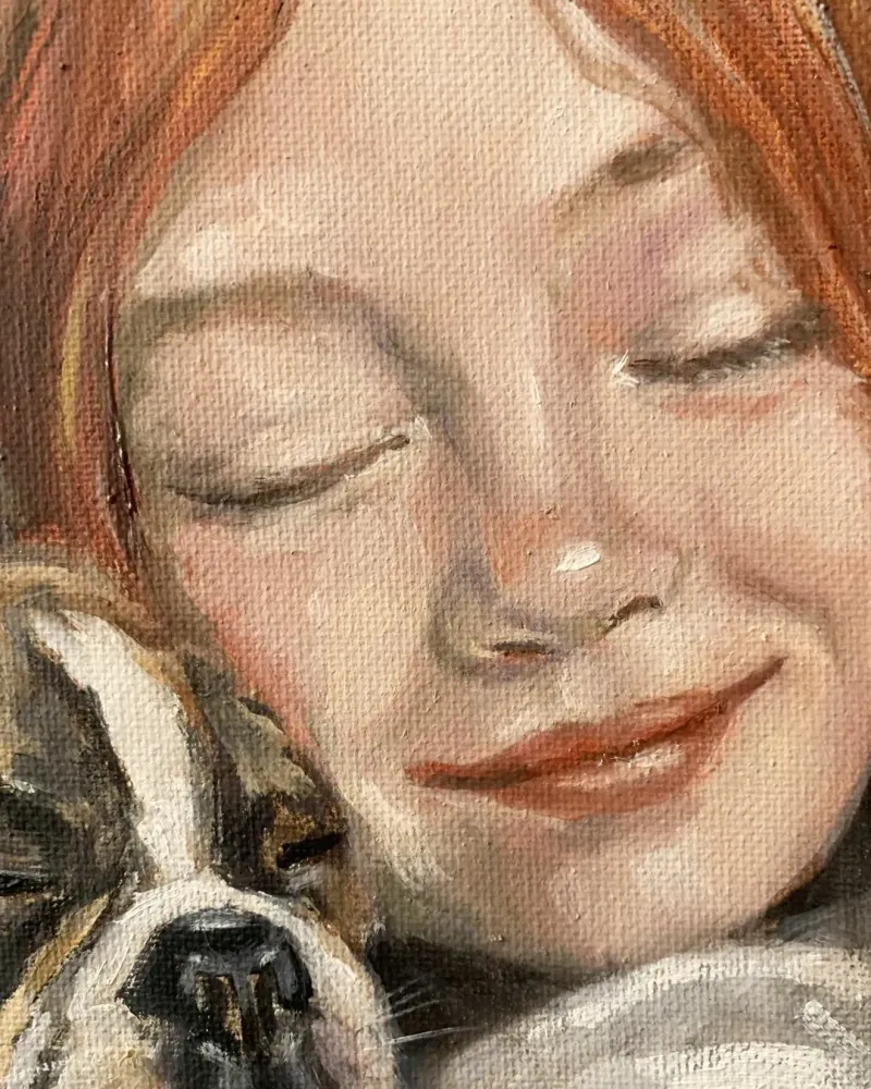 Девочка и французский бульдог. Картина маслом 20×30 см — 20×30 см
