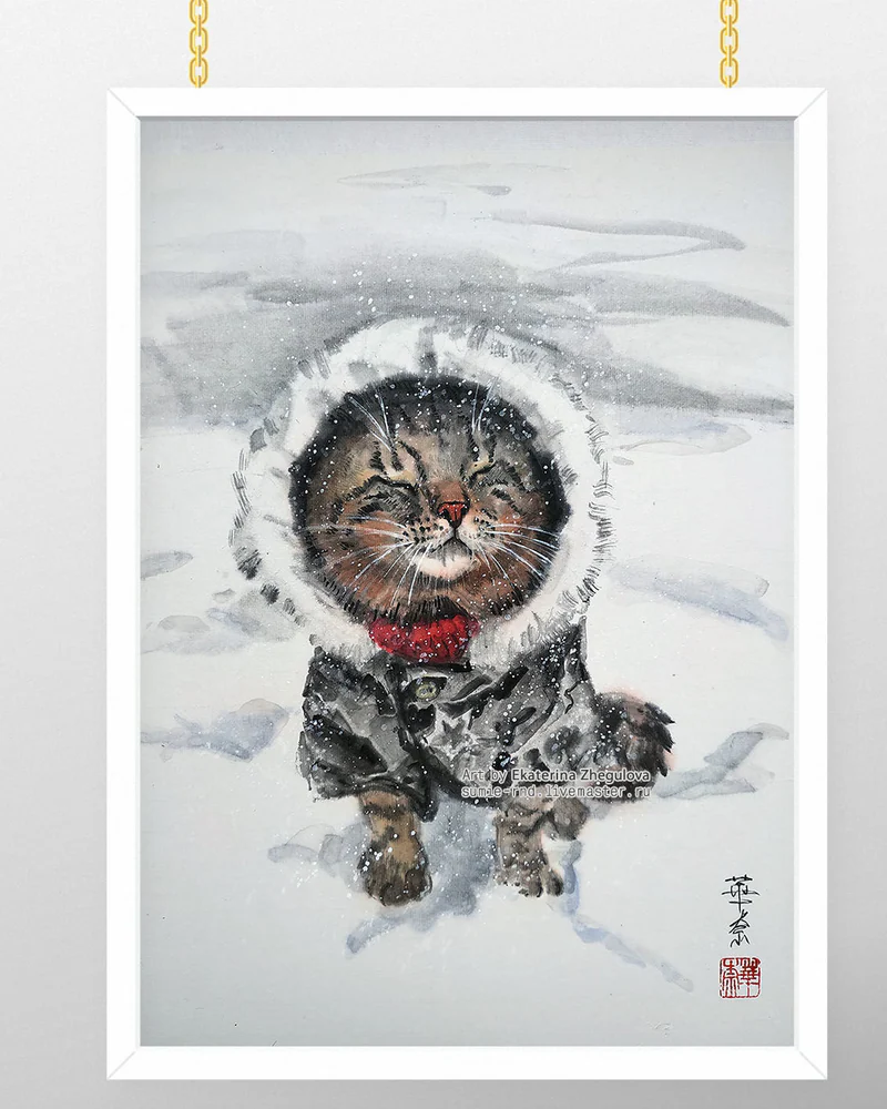 Картина Кошачий спецназ 31x41 кот кошка голубая зима лофт