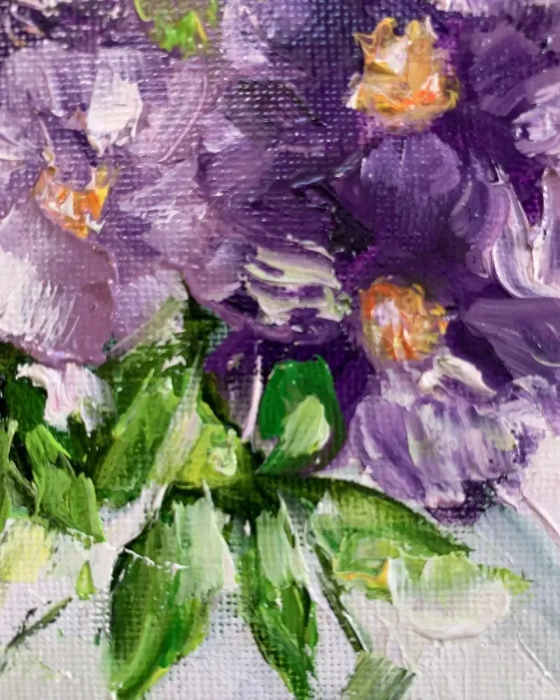 Фиалки в вазе. Картина маслом 20×20 см — 20×20 см