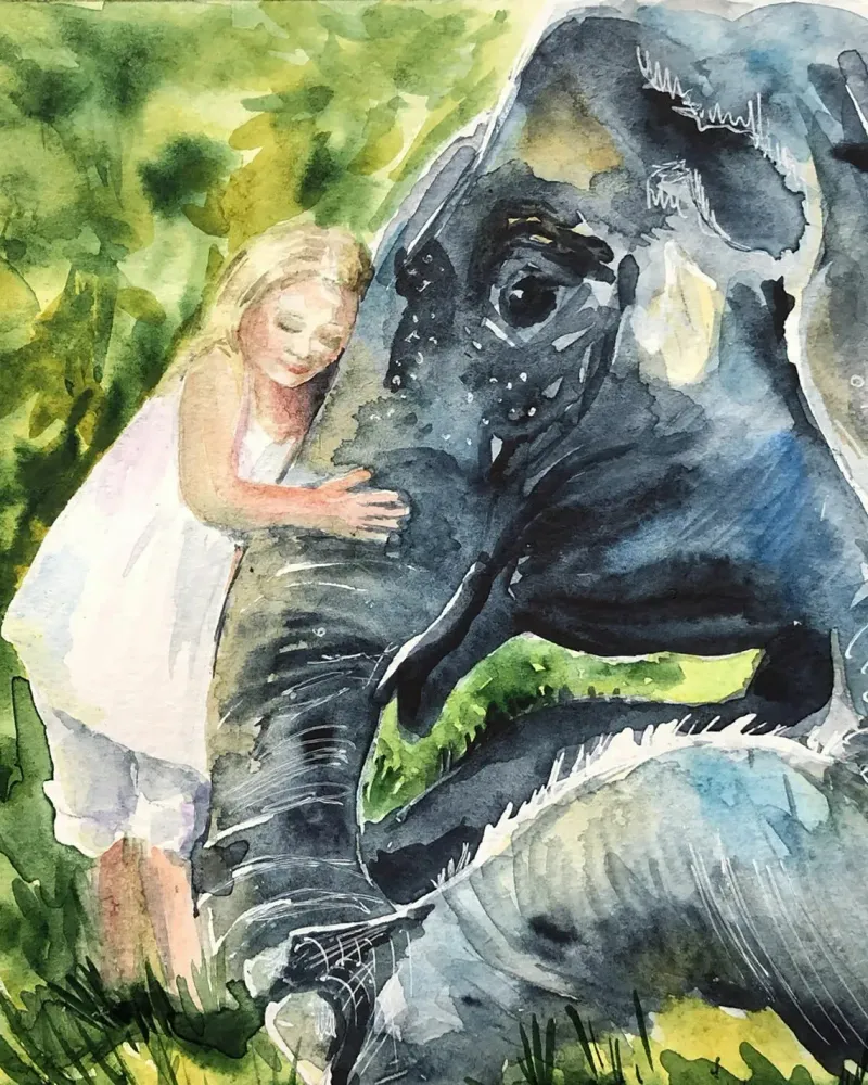 Девочка и слон. Акварель 18×18 см — 18×18 см