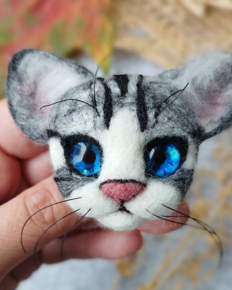 Брошь из шерсти котик, кот, брошка серый котенок