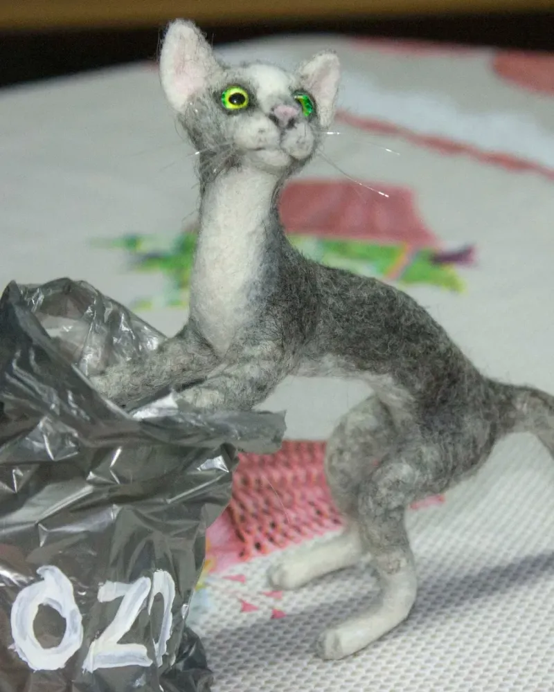 Котик с пакетом, валяная игрушка — Основной