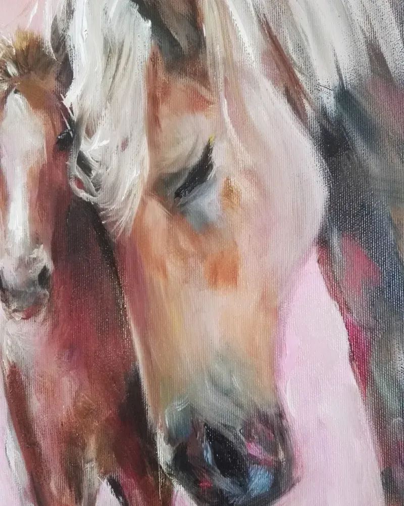 Мама лошадь и жеребенок. Картина маслом 30×60 см — 30×60 см