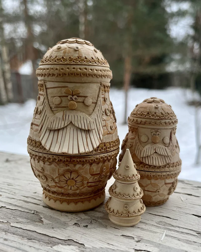 Дед Мороз, матрешка. Береста