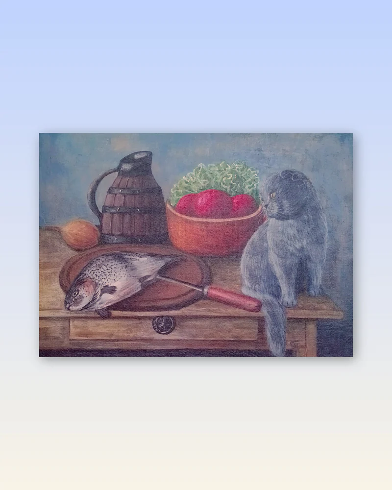 Картина Кот и рыба. Акрил. Холст на картоне.