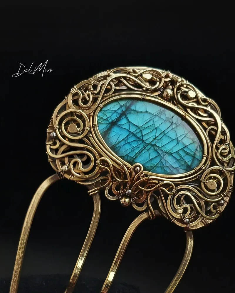 Гребень «Antique Mirror» с камнем — Зелёный, Лабрадорит 1