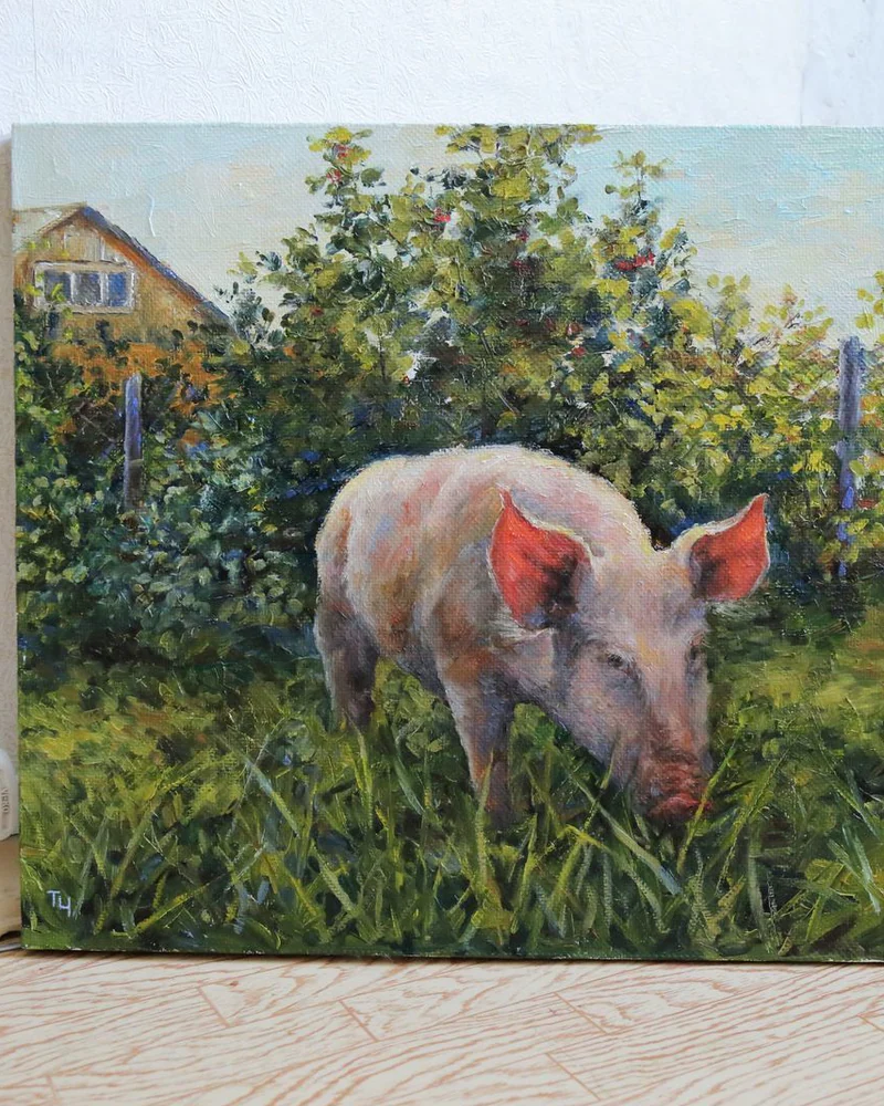 Хрюня на прогулке. Холст, масло. 45х50 см. 2017 г