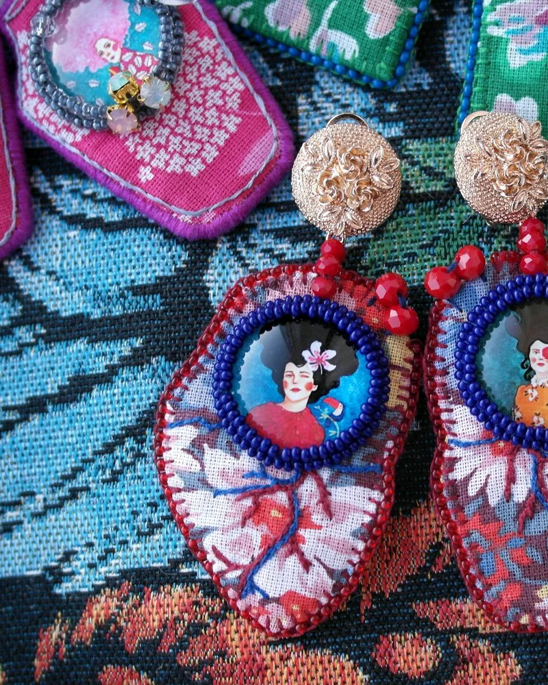 Серьги с кабошонами, красно-синие — Серьги с кабошонами, красно-синие