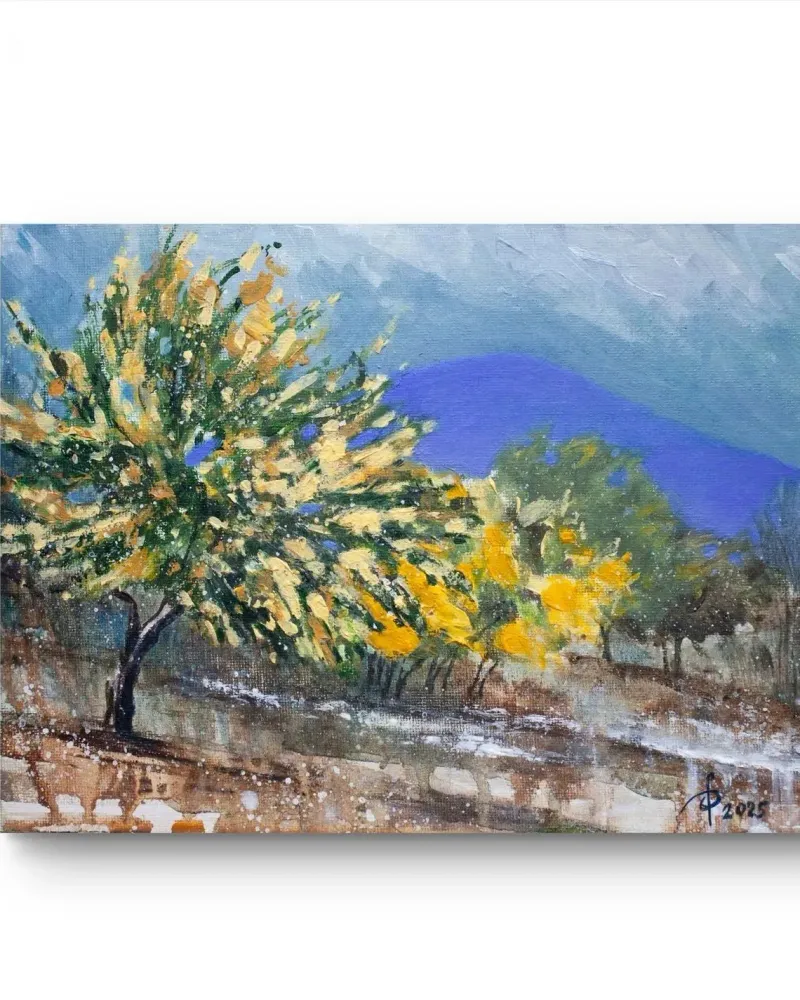 Горный пейзаж с цветущими мимозами. Акрил — 18×24 см