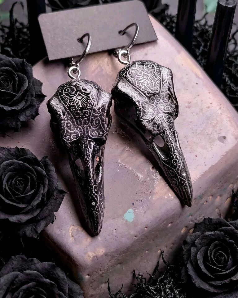 Серьги череп ворона