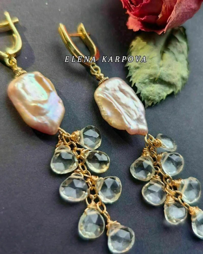 Серьги с жемчугом барокко и зелёным аметистом ( празиолитом)